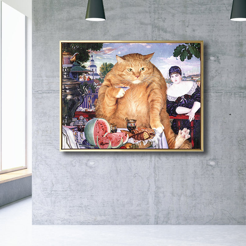 Illustration Chubby Cat Wall Art Print Soft Color Modern Wall Decor for Dining Room Clearhalo 'Arts' 'Canvas Art' 1809634