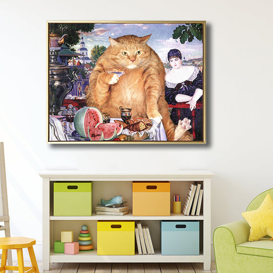 Illustration Chubby Cat Wall Art Print Soft Color Modern Wall Decor for Dining Room Clearhalo 'Arts' 'Canvas Art' 1809635
