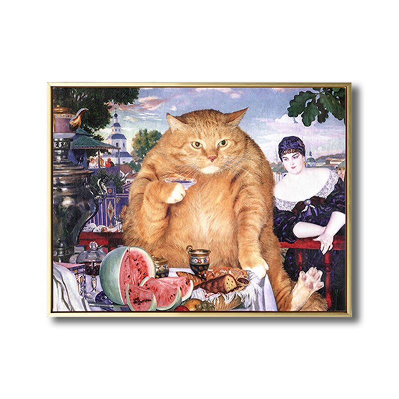 Illustration Chubby Cat Wall Art Print Soft Color Modern Wall Decor for Dining Room Clearhalo 'Arts' 'Canvas Art' 1809636