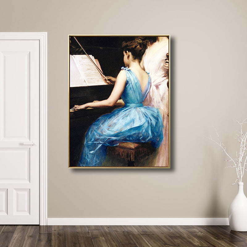 Blue Renaissance Wall Art Print Painting Girl Practicing Piano Canvas for Study Room - Blue - Clearhalo - 'Arts' - 'Canvas Art' - 1809740