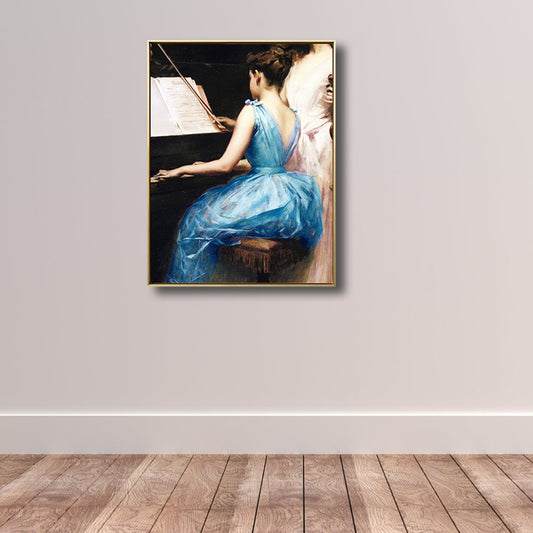 Blue Renaissance Wall Art Print Painting Girl Practicing Piano Canvas for Study Room - Clearhalo - 'Arts' - 'Canvas Art' - 1809741