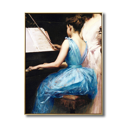 Blue Renaissance Wall Art Print Painting Girl Practicing Piano Canvas for Study Room - Clearhalo - 'Arts' - 'Canvas Art' - 1809743