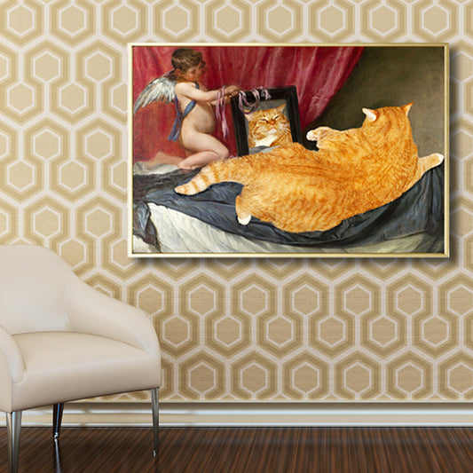 Angel Boy and Cat Canvas Art Bedroom Animal Drawing Wall Decor in Yellow, Textured - Clearhalo - 'Arts' - 'Canvas Art' - 1809749