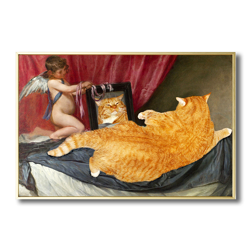 Angel Boy and Cat Canvas Art Bedroom Animal Drawing Wall Decor in Yellow, Textured - Clearhalo - 'Arts' - 'Canvas Art' - 1809750
