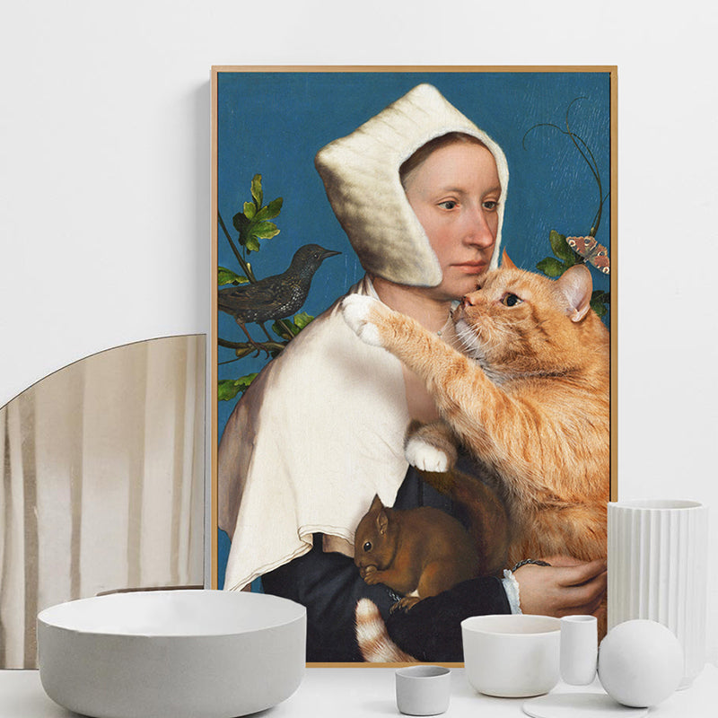 Nun e gatto Wall Art Print di tela contemporanea marrone per sala da pranzo, dimensioni multiple