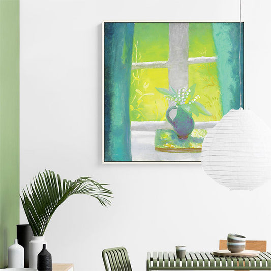 Farmhouse Canvas Wall Art Pastel Color Vase in the Window Painting for Family Room Green