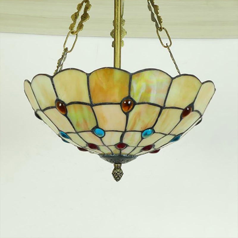Yellow/Beige Bowl Ceiling Light Retro Style Stained Glass 12"/16"/19.5"/20.5"/23.5" W Semi Flush Light with Jewel Decoration for Bedroom Yellow 12" Clearhalo 'Ceiling Lights' 'Close To Ceiling Lights' 'Close to ceiling' 'Glass shade' 'Glass' 'Semi-flushmount' 'Tiffany close to ceiling' 'Tiffany' Lighting' 180985