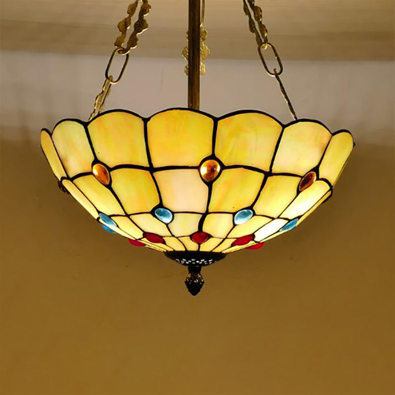 Yellow/Beige Bowl Ceiling Light Retro Style Stained Glass 12"/16"/19.5"/20.5"/23.5" W Semi Flush Light with Jewel Decoration for Bedroom Clearhalo 'Ceiling Lights' 'Close To Ceiling Lights' 'Close to ceiling' 'Glass shade' 'Glass' 'Semi-flushmount' 'Tiffany close to ceiling' 'Tiffany' Lighting' 180986