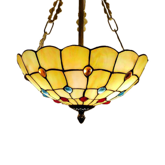 Yellow/Beige Bowl Ceiling Light Retro Style Stained Glass 12"/16"/19.5"/20.5"/23.5" W Semi Flush Light with Jewel Decoration for Bedroom Clearhalo 'Ceiling Lights' 'Close To Ceiling Lights' 'Close to ceiling' 'Glass shade' 'Glass' 'Semi-flushmount' 'Tiffany close to ceiling' 'Tiffany' Lighting' 180987