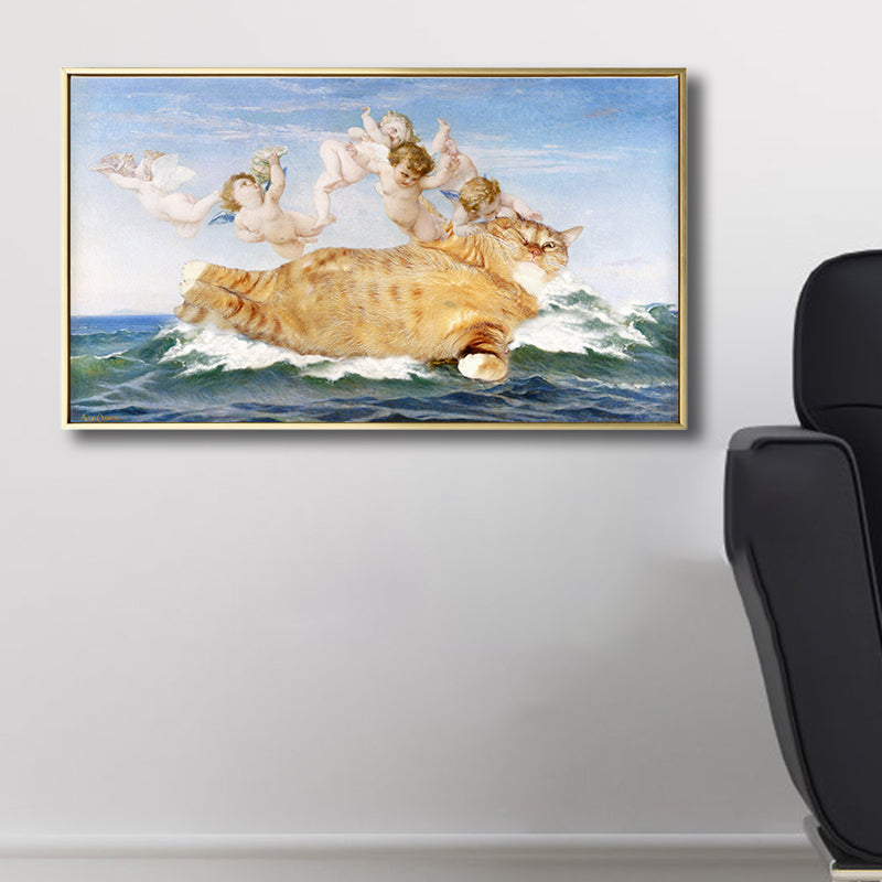 Fat Cat and Angels Canvas Kids Style Spoof Animal Wall Art Print in Yellow and Blue Yellow Clearhalo 'Arts' 'Canvas Art' 1809885