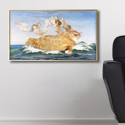 Fat Cat and Angels Canvas Kids Style Spoof Animal Wall Art Print in Yellow and Blue Yellow Clearhalo 'Arts' 'Canvas Art' 1809885