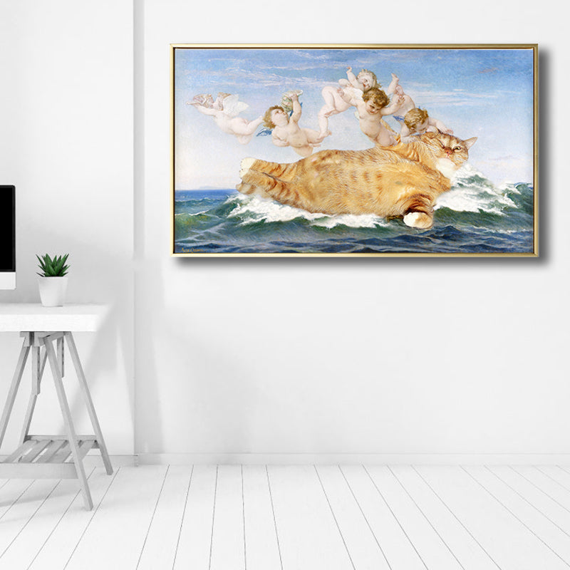 Fat Cat and Angels Canvas Kids Style Spoof Animal Wall Art Print in Yellow and Blue Clearhalo 'Arts' 'Canvas Art' 1809886