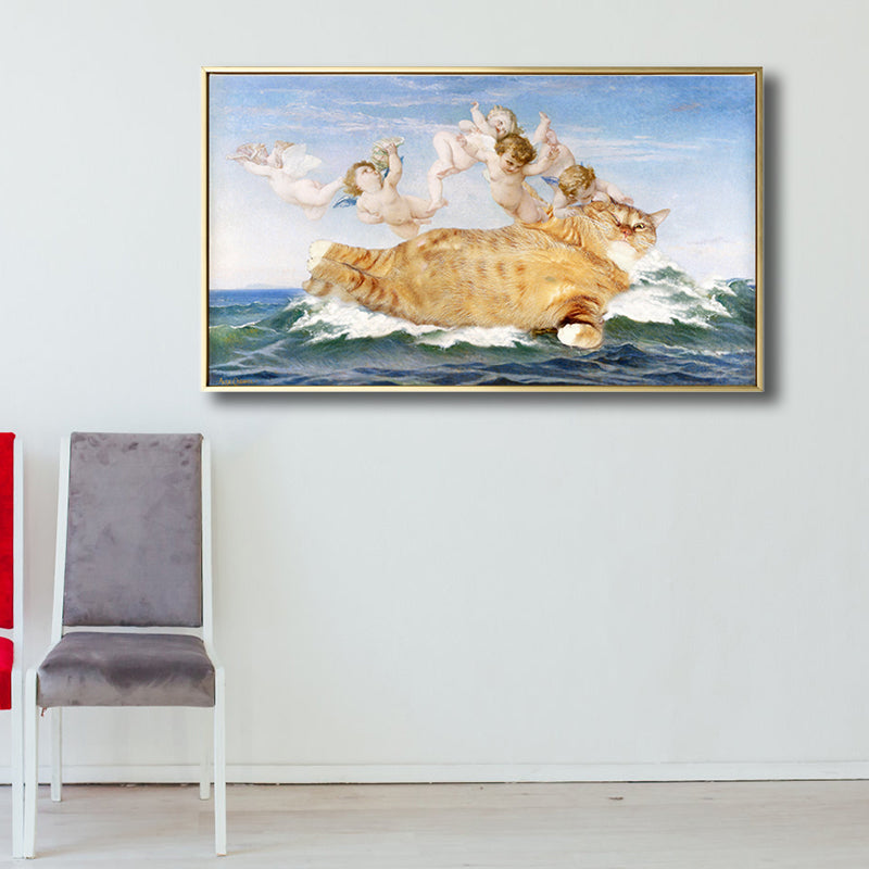 Fat Cat and Angels Canvas Kids Style Spoof Animal Wall Art Print in Yellow and Blue Clearhalo 'Arts' 'Canvas Art' 1809887