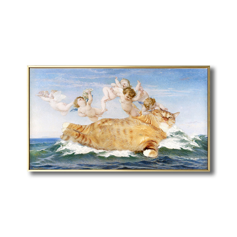 Fat Cat and Angels Canvas Kids Style Spoof Animal Wall Art Print in Yellow and Blue Clearhalo 'Arts' 'Canvas Art' 1809888