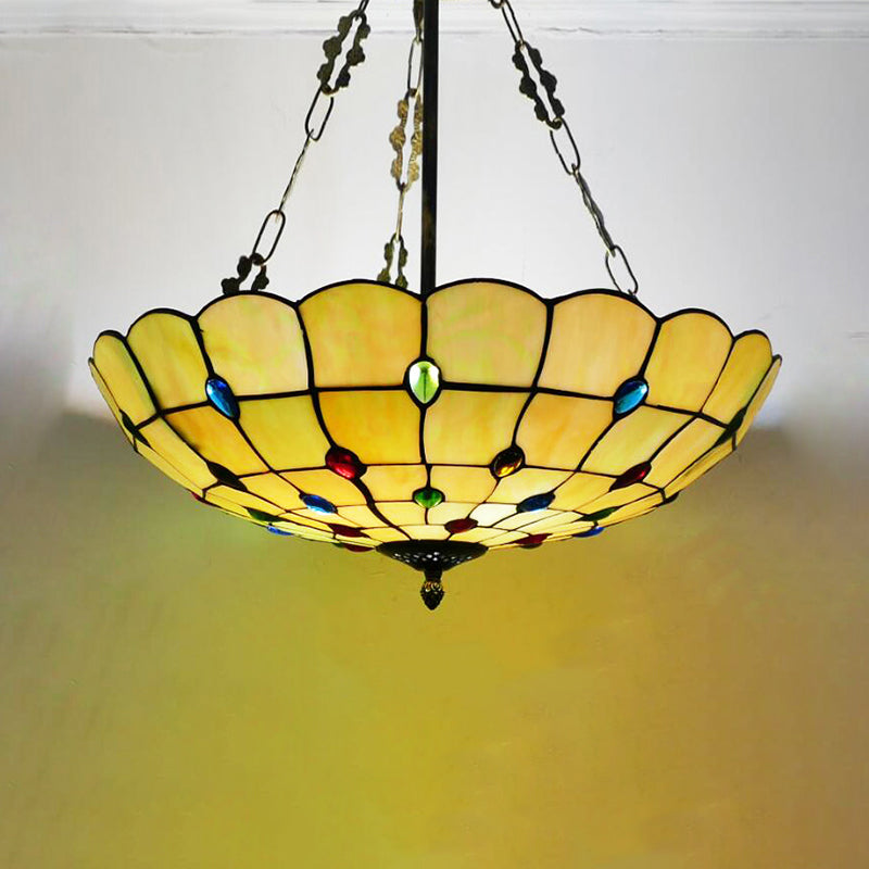 Yellow/Beige Bowl Ceiling Light Retro Style Stained Glass 12"/16"/19.5"/20.5"/23.5" W Semi Flush Light with Jewel Decoration for Bedroom Yellow Clearhalo 'Ceiling Lights' 'Close To Ceiling Lights' 'Close to ceiling' 'Glass shade' 'Glass' 'Semi-flushmount' 'Tiffany close to ceiling' 'Tiffany' Lighting' 180990