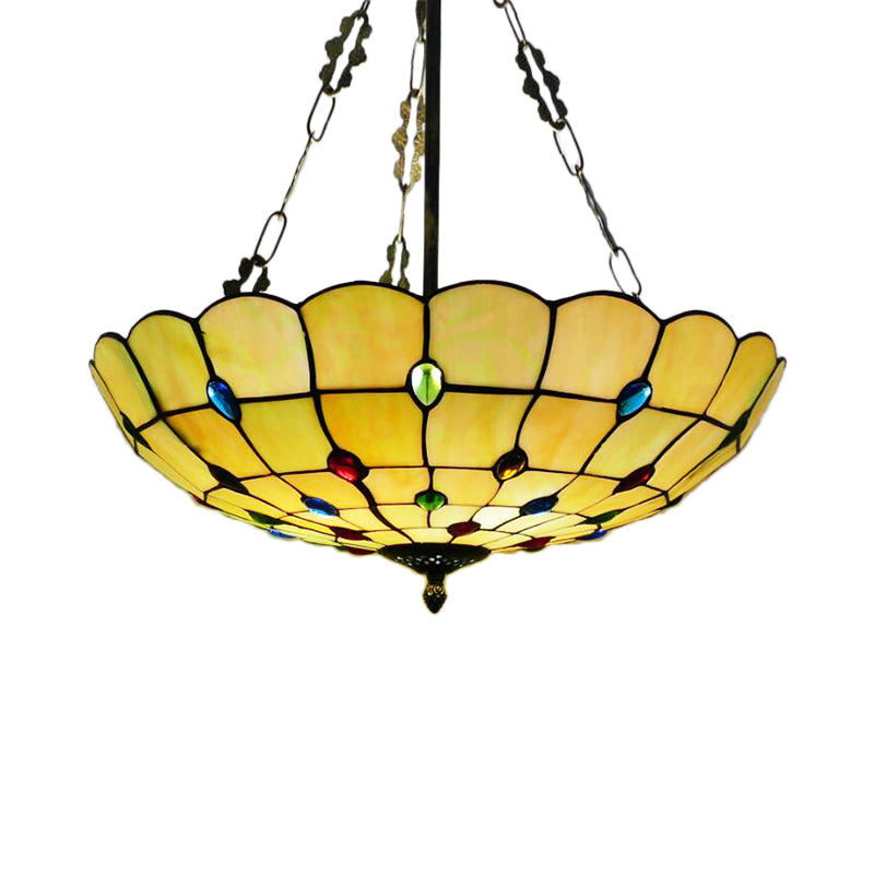 Yellow/Beige Bowl Ceiling Light Retro Style Stained Glass 12"/16"/19.5"/20.5"/23.5" W Semi Flush Light with Jewel Decoration for Bedroom Clearhalo 'Ceiling Lights' 'Close To Ceiling Lights' 'Close to ceiling' 'Glass shade' 'Glass' 'Semi-flushmount' 'Tiffany close to ceiling' 'Tiffany' Lighting' 180991