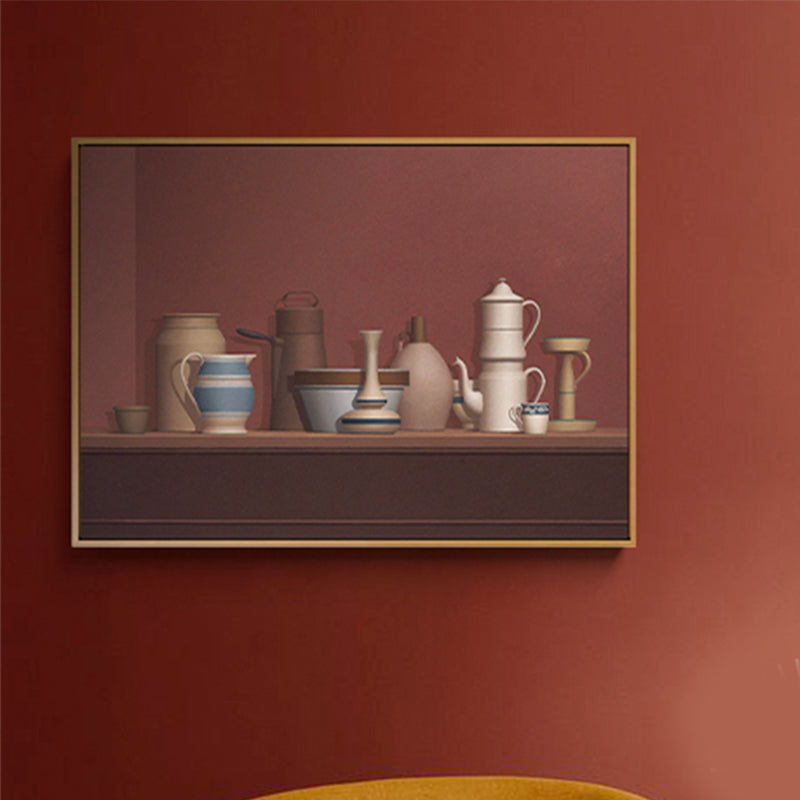 Dark Color Potteries Canvas Art Still Life Vintage Textured Painting for Dining Room Red Clearhalo 'Art Gallery' 'Canvas Art' 'Traditional' Arts' 1809932