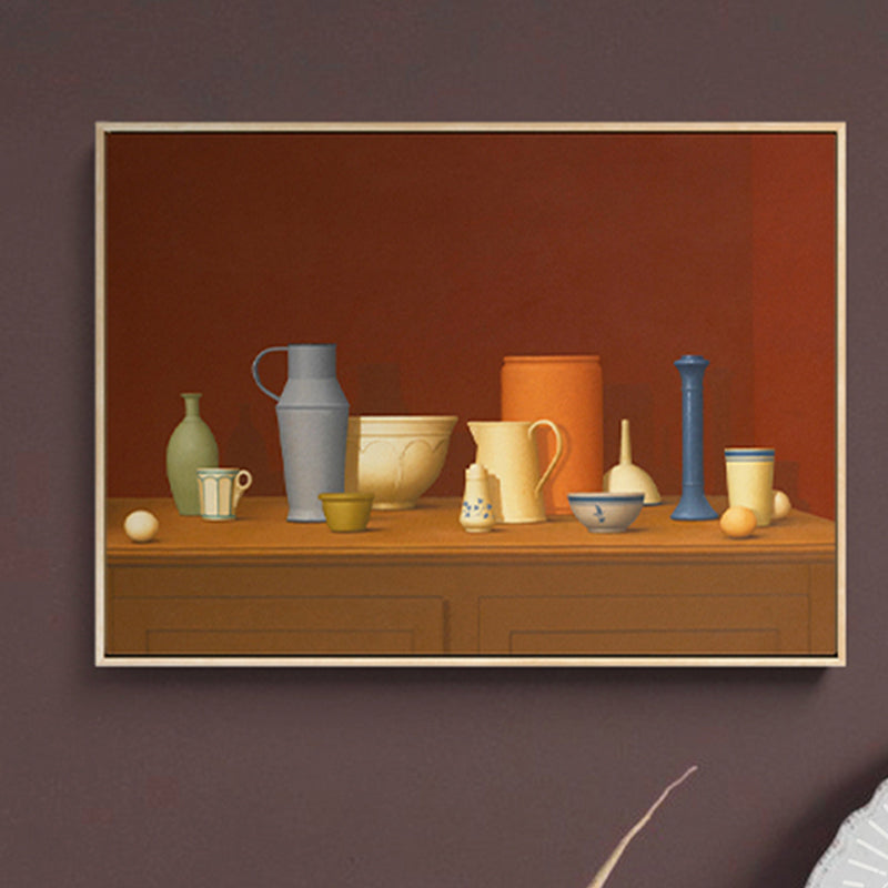 Dark Color Potteries Canvas Art Still Life Vintage Textured Painting for Dining Room Dark Brown Clearhalo 'Art Gallery' 'Canvas Art' 'Traditional' Arts' 1809939