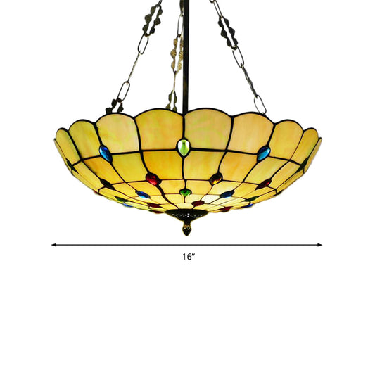 Yellow/Beige Bowl Ceiling Light Retro Style Stained Glass 12"/16"/19.5"/20.5"/23.5" W Semi Flush Light with Jewel Decoration for Bedroom Clearhalo 'Ceiling Lights' 'Close To Ceiling Lights' 'Close to ceiling' 'Glass shade' 'Glass' 'Semi-flushmount' 'Tiffany close to ceiling' 'Tiffany' Lighting' 180993