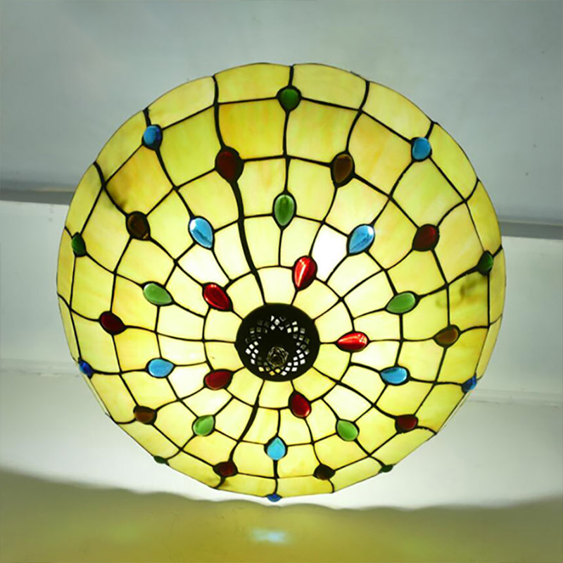 Yellow/Beige Bowl Ceiling Light Retro Style Stained Glass 12"/16"/19.5"/20.5"/23.5" W Semi Flush Light with Jewel Decoration for Bedroom Clearhalo 'Ceiling Lights' 'Close To Ceiling Lights' 'Close to ceiling' 'Glass shade' 'Glass' 'Semi-flushmount' 'Tiffany close to ceiling' 'Tiffany' Lighting' 180994