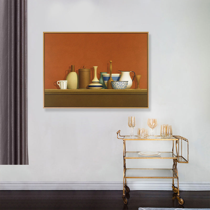 Dark Color Potteries Canvas Art Still Life Vintage Textured Painting for Dining Room Brown Clearhalo 'Art Gallery' 'Canvas Art' 'Traditional' Arts' 1809943