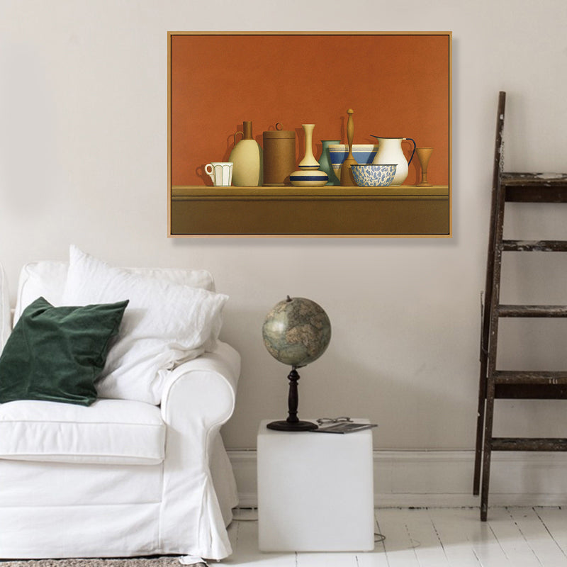 Dark Color Potteries Canvas Art Still Life Vintage Textured Painting for Dining Room Clearhalo 'Art Gallery' 'Canvas Art' 'Traditional' Arts' 1809944