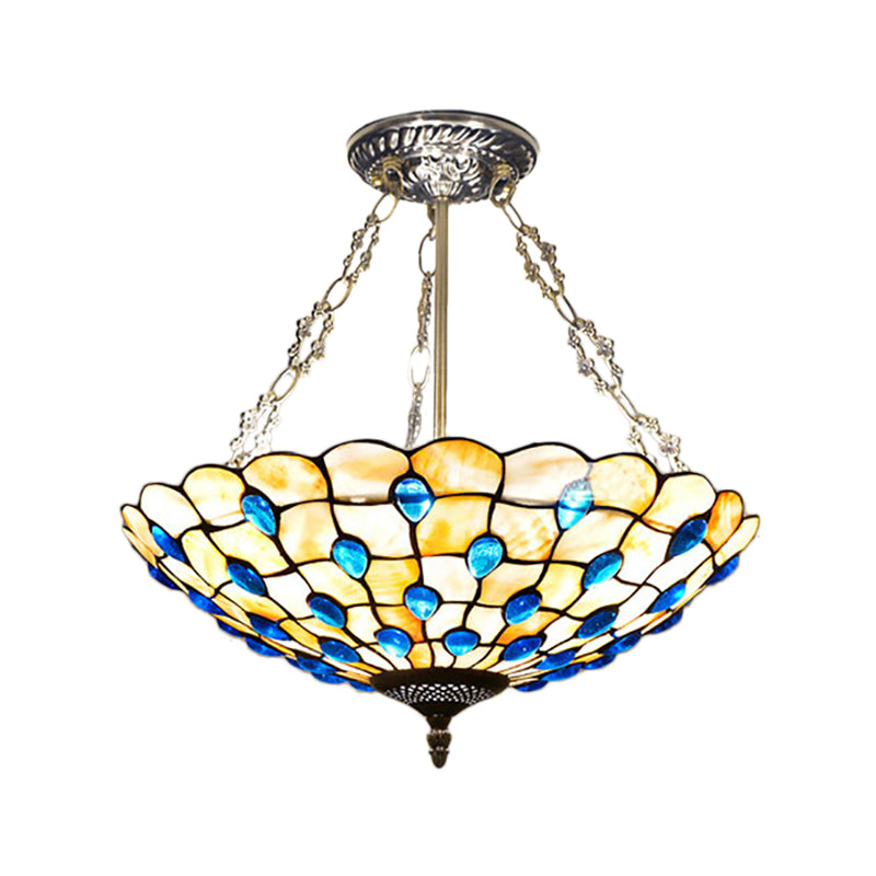 Yellow/Beige Bowl Ceiling Light Retro Style Stained Glass 12"/16"/19.5"/20.5"/23.5" W Semi Flush Light with Jewel Decoration for Bedroom Clearhalo 'Ceiling Lights' 'Close To Ceiling Lights' 'Close to ceiling' 'Glass shade' 'Glass' 'Semi-flushmount' 'Tiffany close to ceiling' 'Tiffany' Lighting' 180996