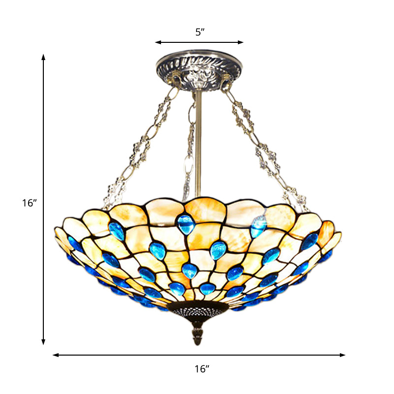 Yellow/Beige Bowl Ceiling Light Retro Style Stained Glass 12"/16"/19.5"/20.5"/23.5" W Semi Flush Light with Jewel Decoration for Bedroom Clearhalo 'Ceiling Lights' 'Close To Ceiling Lights' 'Close to ceiling' 'Glass shade' 'Glass' 'Semi-flushmount' 'Tiffany close to ceiling' 'Tiffany' Lighting' 180997