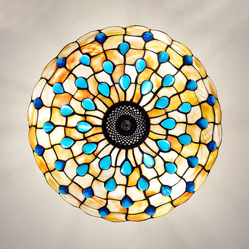 Yellow/Beige Bowl Ceiling Light Retro Style Stained Glass 12"/16"/19.5"/20.5"/23.5" W Semi Flush Light with Jewel Decoration for Bedroom Clearhalo 'Ceiling Lights' 'Close To Ceiling Lights' 'Close to ceiling' 'Glass shade' 'Glass' 'Semi-flushmount' 'Tiffany close to ceiling' 'Tiffany' Lighting' 180998