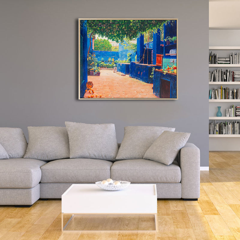 Painting Print Backyard Scenery Canvas Impressionism Textured Bedroom Wall Art in Blue