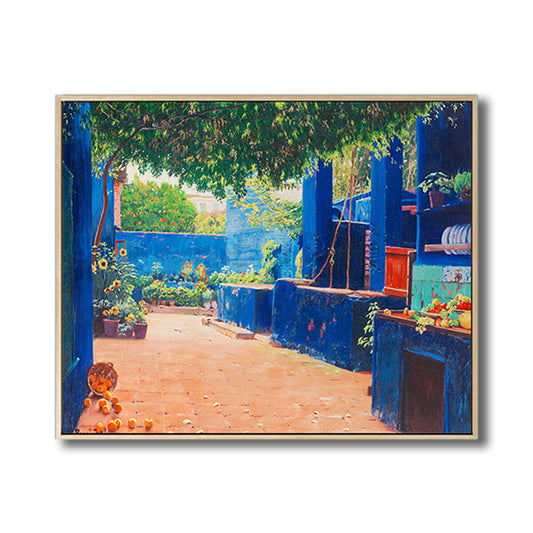 絵画プリント裏庭の風景キャンバス印象派のテクスチャベッドルームウォールアートブルー