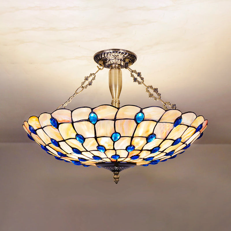 Yellow/Beige Bowl Ceiling Light Retro Style Stained Glass 12"/16"/19.5"/20.5"/23.5" W Semi Flush Light with Jewel Decoration for Bedroom Beige Clearhalo 'Ceiling Lights' 'Close To Ceiling Lights' 'Close to ceiling' 'Glass shade' 'Glass' 'Semi-flushmount' 'Tiffany close to ceiling' 'Tiffany' Lighting' 181001