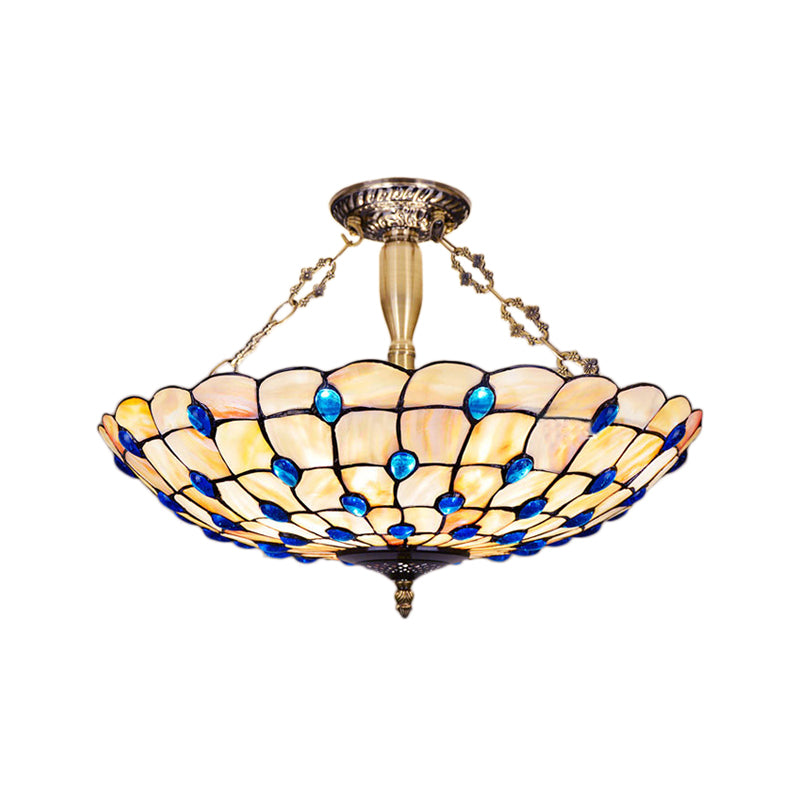Yellow/Beige Bowl Ceiling Light Retro Style Stained Glass 12"/16"/19.5"/20.5"/23.5" W Semi Flush Light with Jewel Decoration for Bedroom Clearhalo 'Ceiling Lights' 'Close To Ceiling Lights' 'Close to ceiling' 'Glass shade' 'Glass' 'Semi-flushmount' 'Tiffany close to ceiling' 'Tiffany' Lighting' 181003