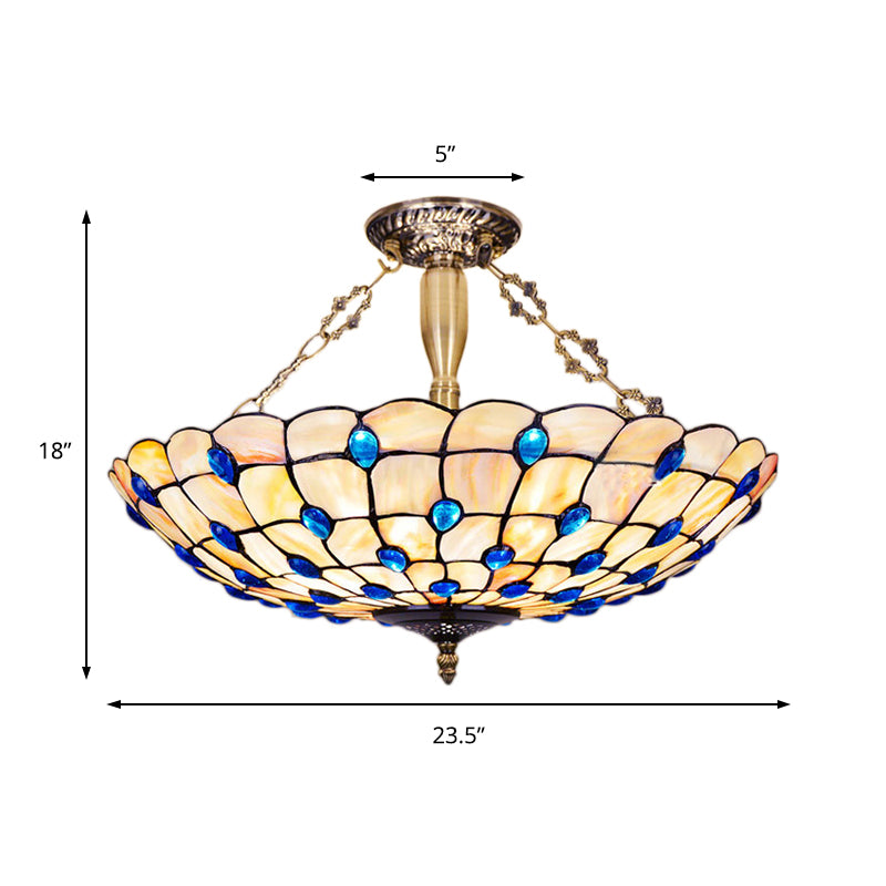 Yellow/Beige Bowl Ceiling Light Retro Style Stained Glass 12"/16"/19.5"/20.5"/23.5" W Semi Flush Light with Jewel Decoration for Bedroom Clearhalo 'Ceiling Lights' 'Close To Ceiling Lights' 'Close to ceiling' 'Glass shade' 'Glass' 'Semi-flushmount' 'Tiffany close to ceiling' 'Tiffany' Lighting' 181004