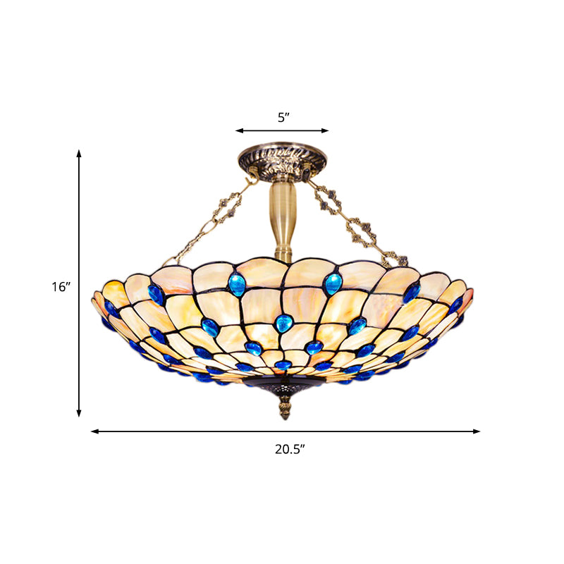 Yellow/Beige Bowl Ceiling Light Retro Style Stained Glass 12"/16"/19.5"/20.5"/23.5" W Semi Flush Light with Jewel Decoration for Bedroom Clearhalo 'Ceiling Lights' 'Close To Ceiling Lights' 'Close to ceiling' 'Glass shade' 'Glass' 'Semi-flushmount' 'Tiffany close to ceiling' 'Tiffany' Lighting' 181005