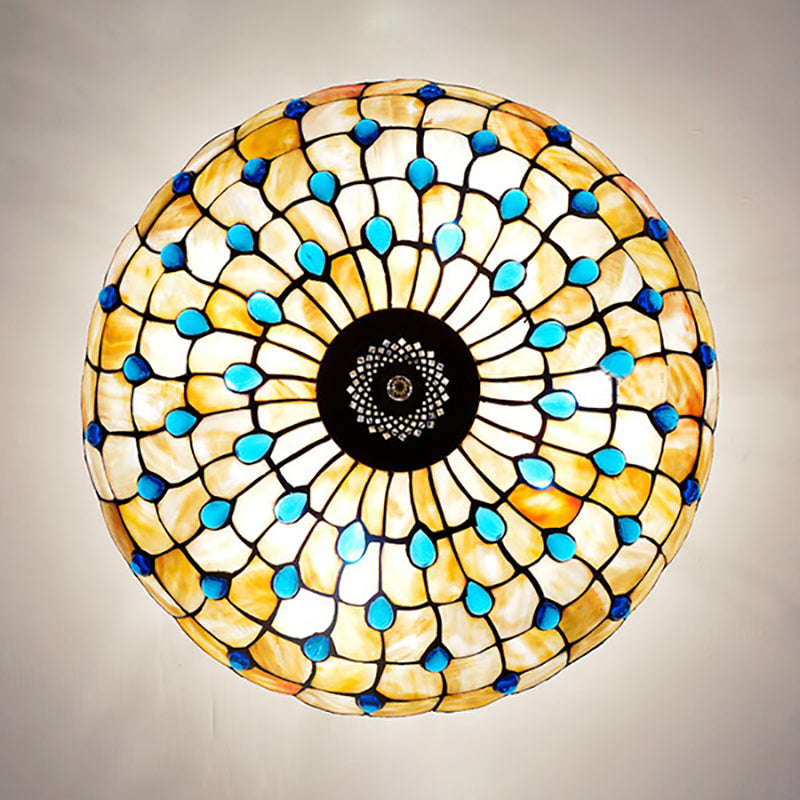 Yellow/Beige Bowl Ceiling Light Retro Style Stained Glass 12"/16"/19.5"/20.5"/23.5" W Semi Flush Light with Jewel Decoration for Bedroom Clearhalo 'Ceiling Lights' 'Close To Ceiling Lights' 'Close to ceiling' 'Glass shade' 'Glass' 'Semi-flushmount' 'Tiffany close to ceiling' 'Tiffany' Lighting' 181006