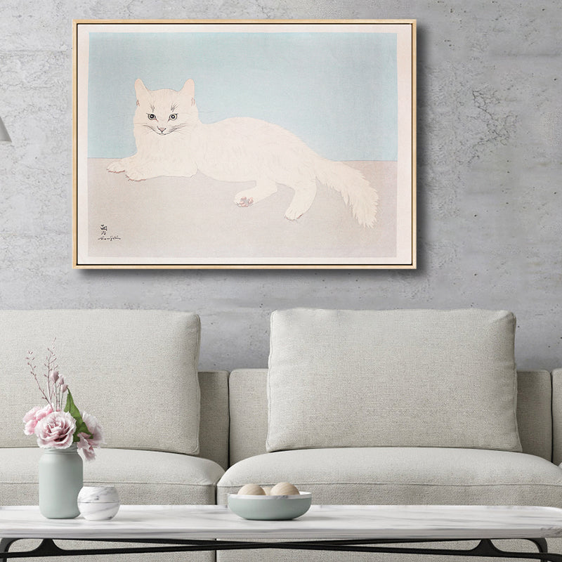 White Cat Wall Art Print Kids Lovely Painting Animal Canvas in Blue for Baby Room Blue Clearhalo 'Art Gallery' 'Canvas Art' 'Kids' Arts' 1810079