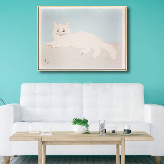 White Cat Wall Art Print Kids Lovely Painting Animal Canvas in Blue for Baby Room Clearhalo 'Art Gallery' 'Canvas Art' 'Kids' Arts' 1810080