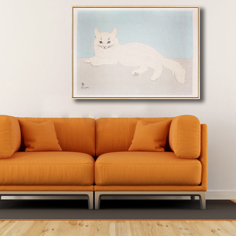 White Cat Wall Art Print Kids Lovely Painting Animal Canvas in Blue for Baby Room Clearhalo 'Art Gallery' 'Canvas Art' 'Kids' Arts' 1810081
