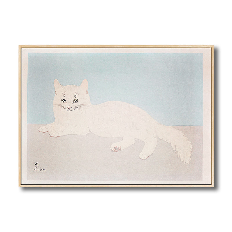 White Cat Wall Art Print Kids Lovely Painting Animal Canvas in Blue for Baby Room Clearhalo 'Art Gallery' 'Canvas Art' 'Kids' Arts' 1810082