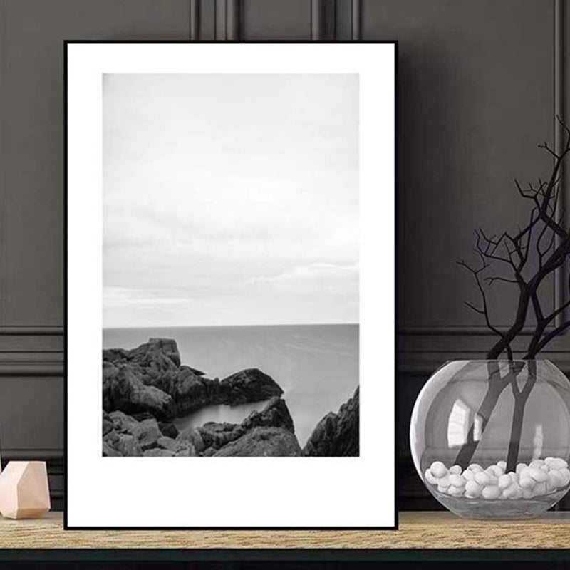 Tropical Rocky Bay Seascape Canvas Print Dark Color Textured Wall Art for Living Room Black-Gray Clearhalo 'Art Gallery' 'Canvas Art' 'Coastal Art Gallery' 'Tropical' Arts' 1810200
