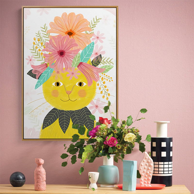 Cartoon Pet Wearing Flowers Art Print Canvas Textured Colorful Wall Decor for Nursery Pink Clearhalo 'Art Gallery' 'Canvas Art' 'Kids' Arts' 1810293