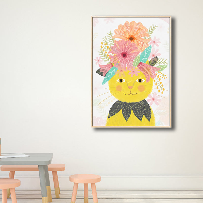 Cartoon Pet Wearing Flowers Art Print Canvas Textured Colorful Wall Decor for Nursery Clearhalo 'Art Gallery' 'Canvas Art' 'Kids' Arts' 1810294