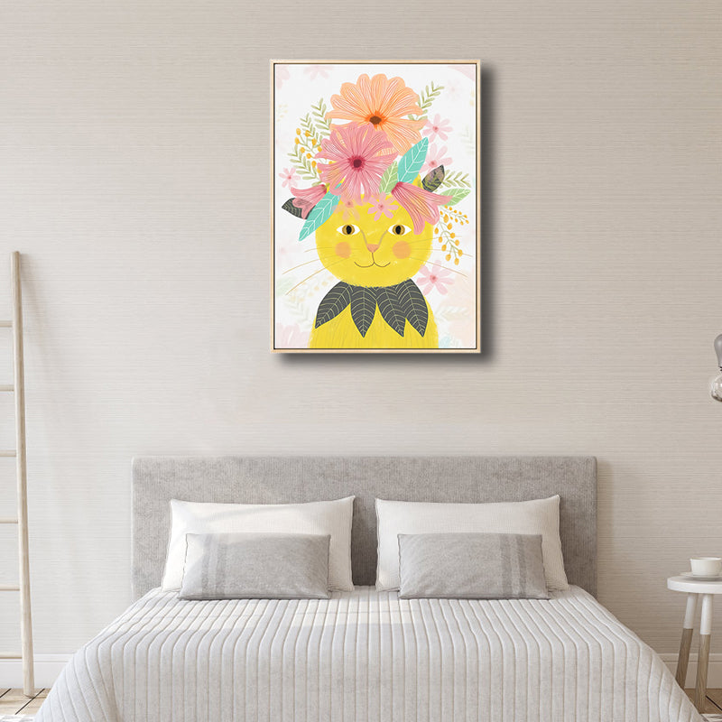 Cartoon Pet Wearing Flowers Art Print Canvas Textured Colorful Wall Decor for Nursery Clearhalo 'Art Gallery' 'Canvas Art' 'Kids' Arts' 1810295