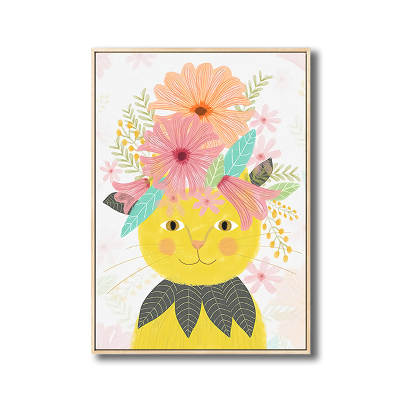 Cartoon Pet Wearing Flowers Art Print Canvas Textured Colorful Wall Decor for Nursery Clearhalo 'Art Gallery' 'Canvas Art' 'Kids' Arts' 1810296