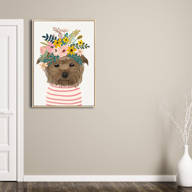 Cartoon Pet Wearing Flowers Art Print Canvas Textured Colorful Wall Decor for Nursery Clearhalo 'Art Gallery' 'Canvas Art' 'Kids' Arts' 1810301