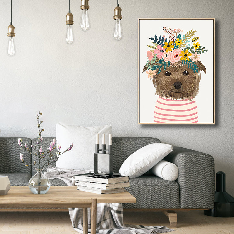 Cartoon Pet Wearing Flowers Art Print Canvas Textured Colorful Wall Decor for Nursery Clearhalo 'Art Gallery' 'Canvas Art' 'Kids' Arts' 1810302