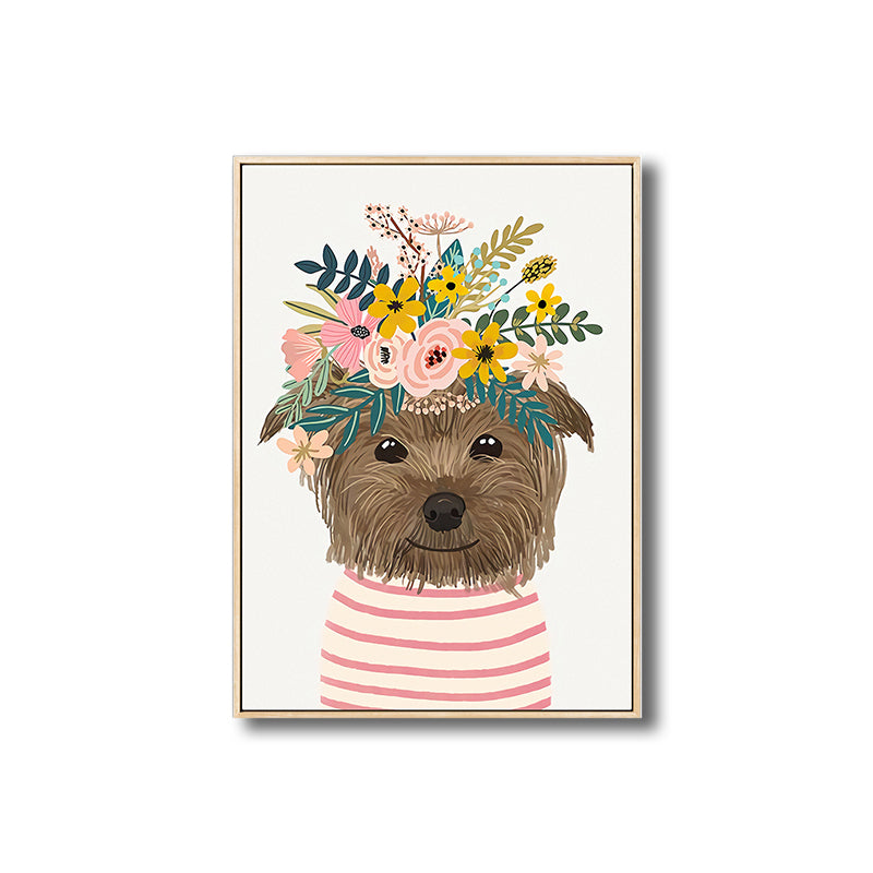 Cartoon Pet Wearing Flowers Art Print Canvas Textured Colorful Wall Decor for Nursery Clearhalo 'Art Gallery' 'Canvas Art' 'Kids' Arts' 1810303