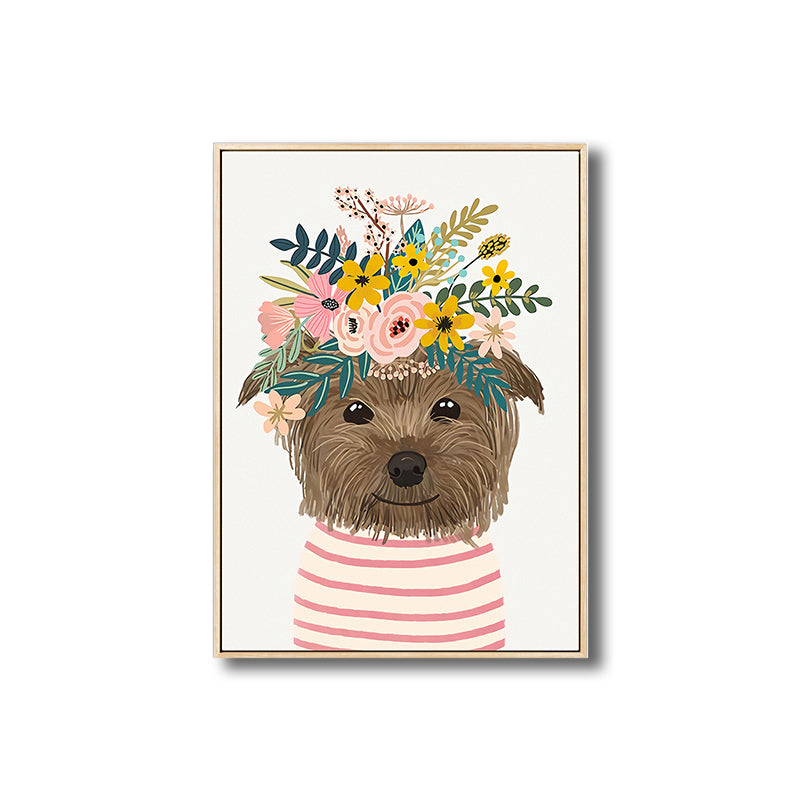 Cartoon Pet Wearing Flowers Art Print Canvas Textured Colorful Wall Decor for Nursery Clearhalo 'Art Gallery' 'Canvas Art' 'Kids' Arts' 1810303