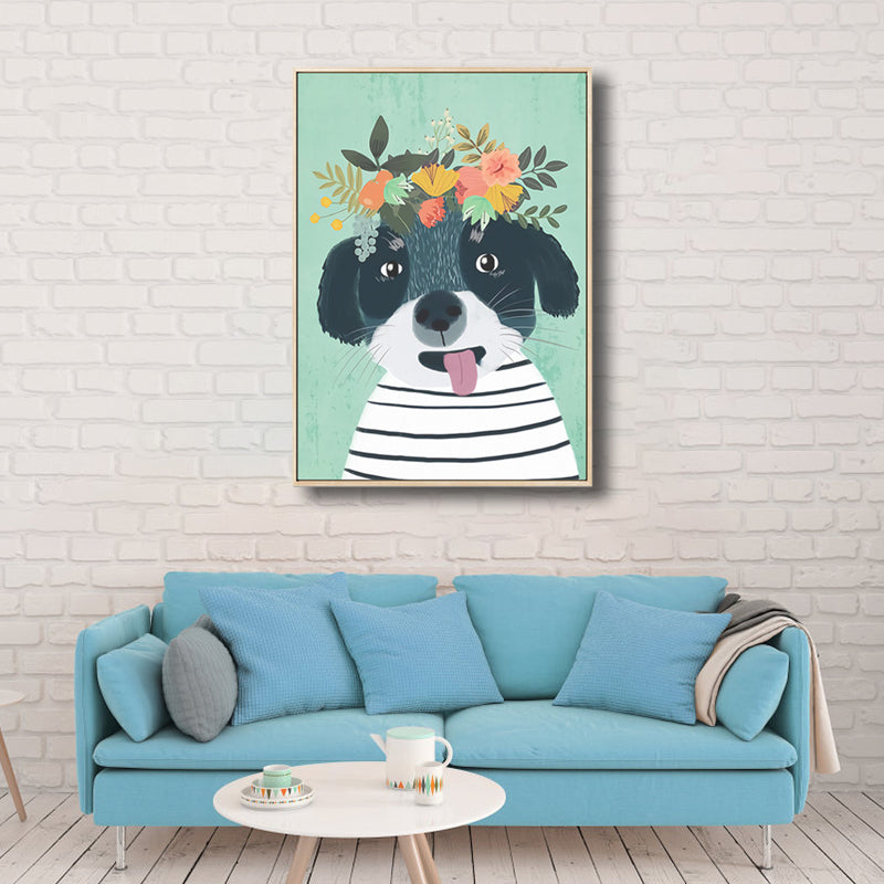 Cartoon Pet Wearing Flowers Art Print Canvas Textured Colorful Wall Decor for Nursery Green Clearhalo 'Art Gallery' 'Canvas Art' 'Kids' Arts' 1810304